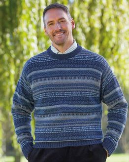 Shetland Wool Blue Fairisle Crew Neck Jumper