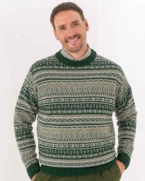 Shetland Wool Green Mix Fairisle Crew Neck Jumper