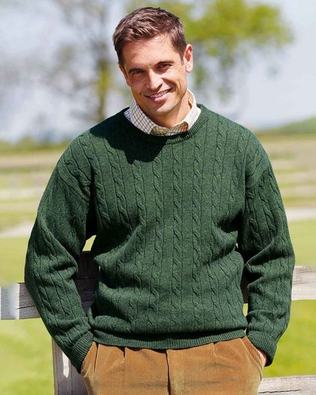 Lambswool Green Cable Crew Neck Jumper