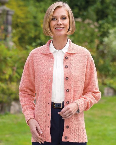 Ladies Soft Peach Shetland Cable Cardigan