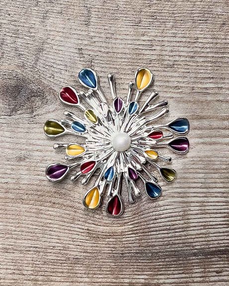 Starburst Silver Plated Multi Coloured Brooch