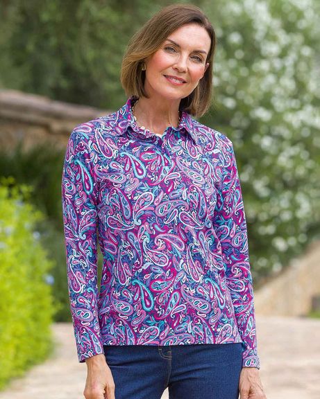 Pandora Patterned Cotton Long Sleeved Polo Top