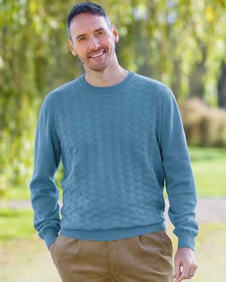 Mens Cotton Stitch Detail Teal Blue Jumper